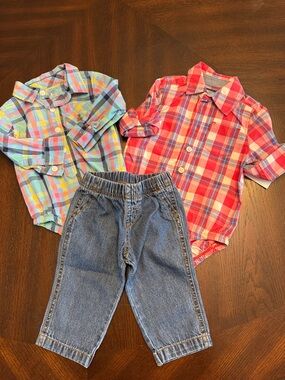 2 Plaid Button-Front Shirts with Jeans for Baby - 6 Months - Preppy Baby Outfit